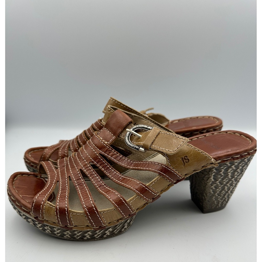 Josef Seibel Mule Sandals Sz 40 Brown Leather Strappyβ Peep Toe Two Toned Woven